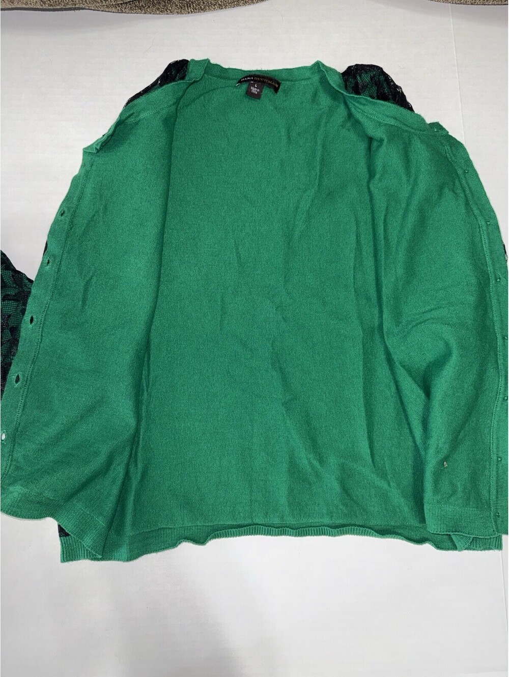 Cottage Vintage Emerald Green Black Lace Cardigan Knit Sweater Blouse Top Button - Picture 5 of 5